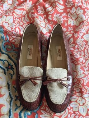 Talbots Brown Croc-Embossed Leather and Beige Fabric Tassel Loafers
